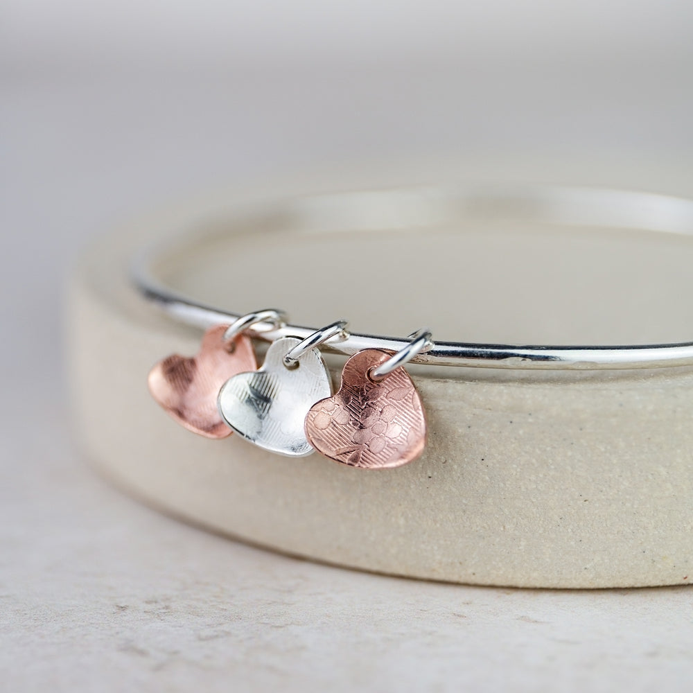 Sterling Silver and Copper Heart Charm Bangle