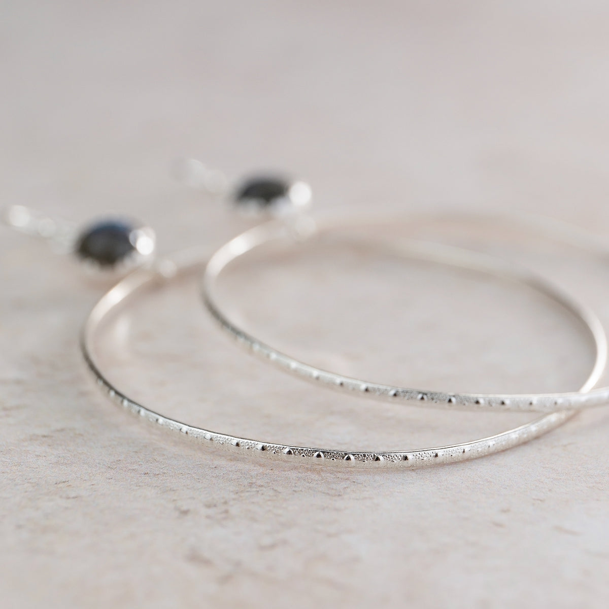 Small wide Hoop Earring: high quality Silver with labradorite