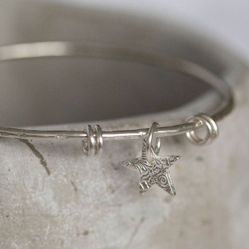 Two Sterling Silver Bangles with Angel Charm - Hammered Silver Bangles - Textured Finish online Bangles - Hallmarked Stacking Bangles - Angel Charm