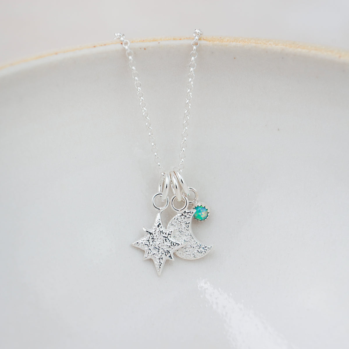 Sterling Silver Birthstone Star & Moon Pendant | Lucy Kemp Jewellery
