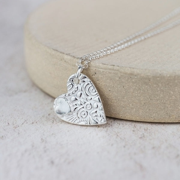 Sterling Silver Textured Double Heart Pendant