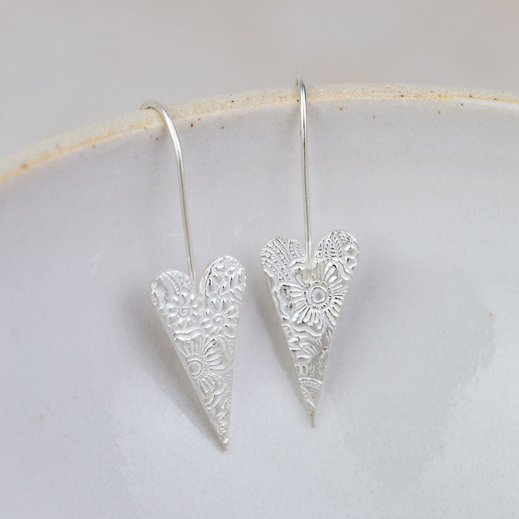 Sterling Silver Textured Long Heart Earrings