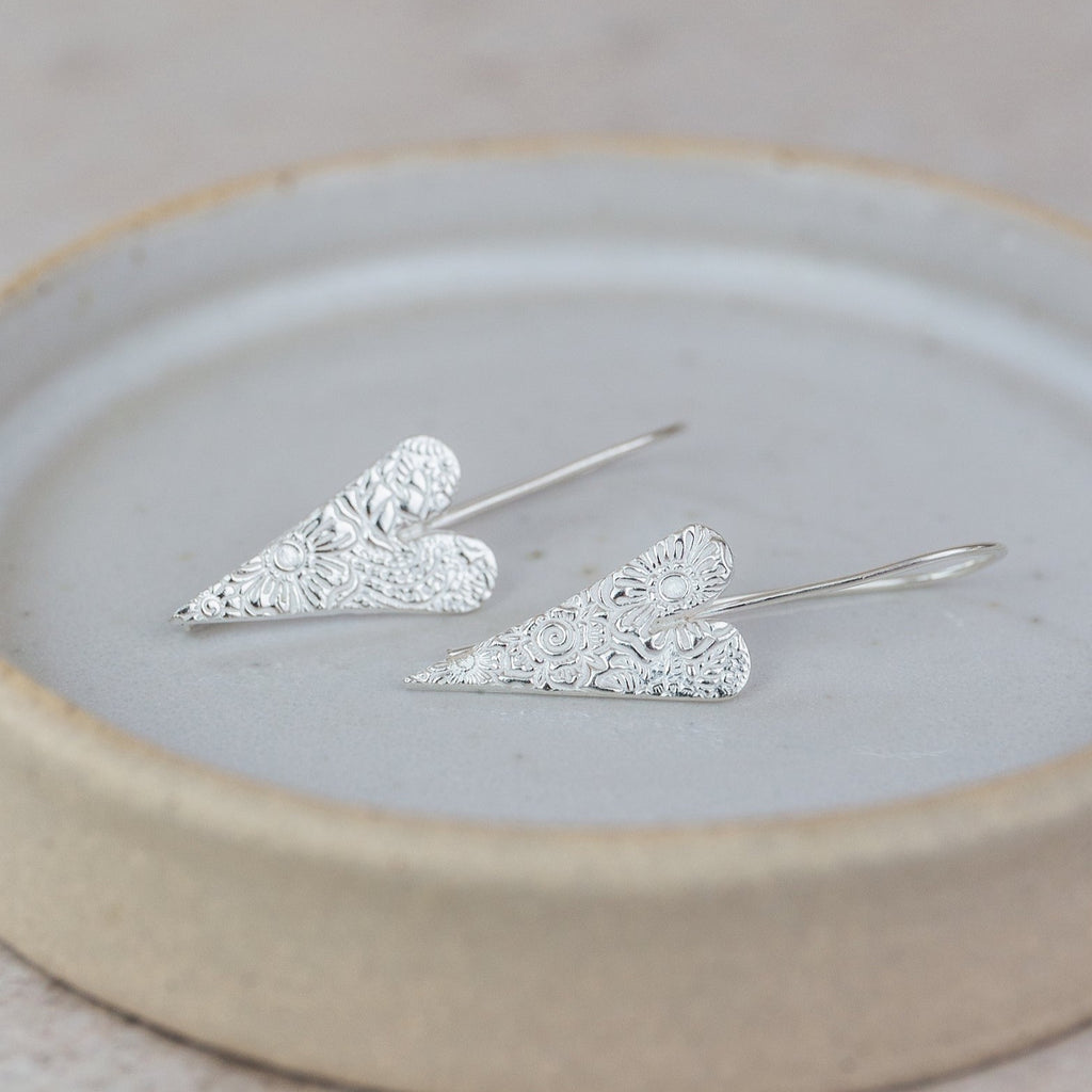 Sterling Silver Textured Long Heart Earrings