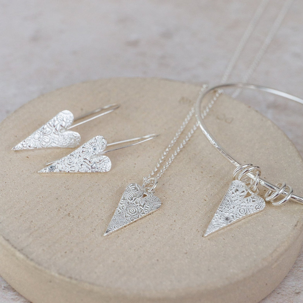 Sterling Silver Textured Long Heart Earrings