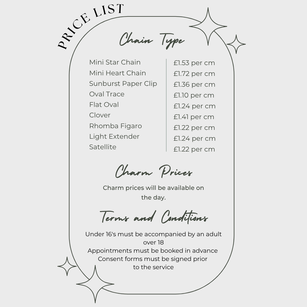 Price list for various chain and charm types with prices per centimeter on a white background.