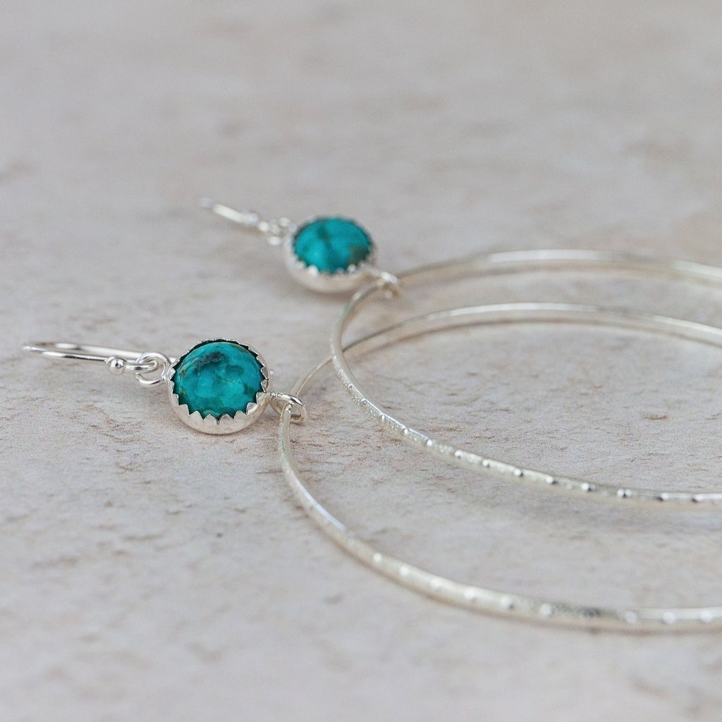sterling silver and turquoise gemstone dot hoop earrings handmade by Lucy Kemp Jewellery