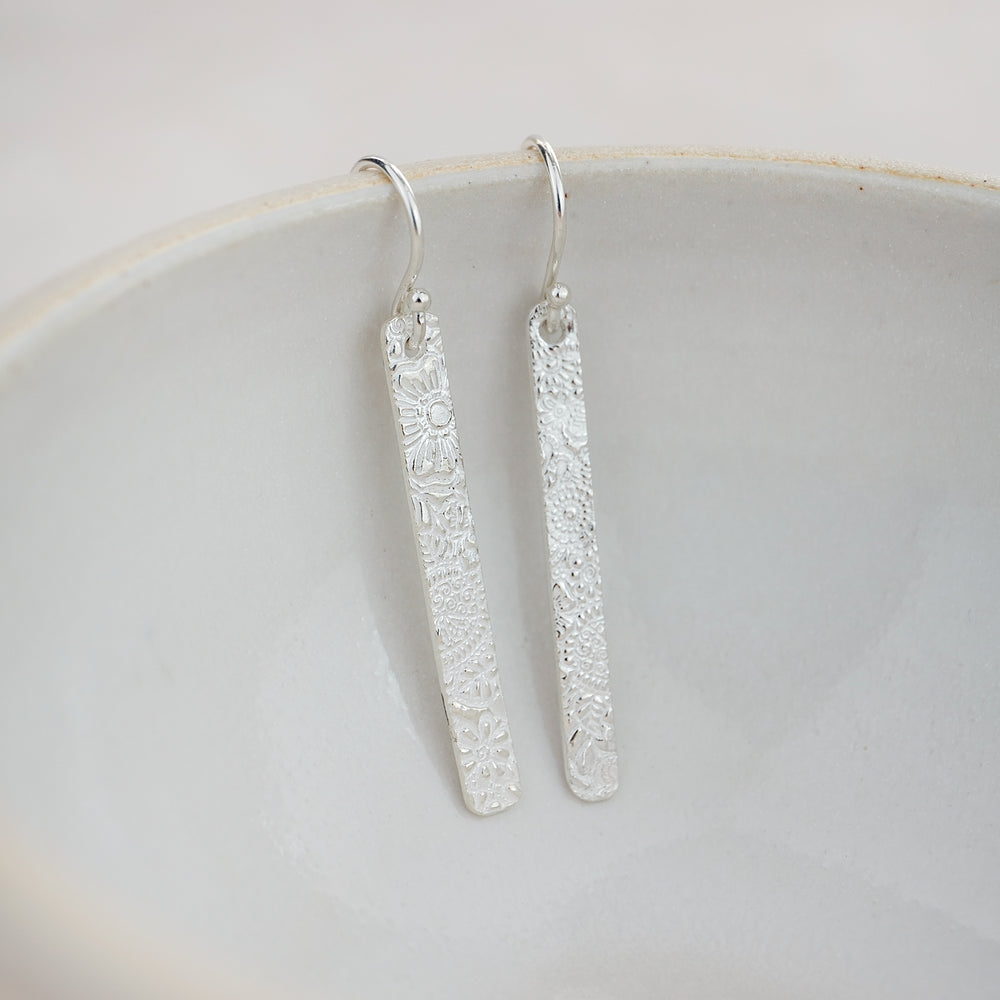 Sterling Silver Textured Long Rectangle Earrings