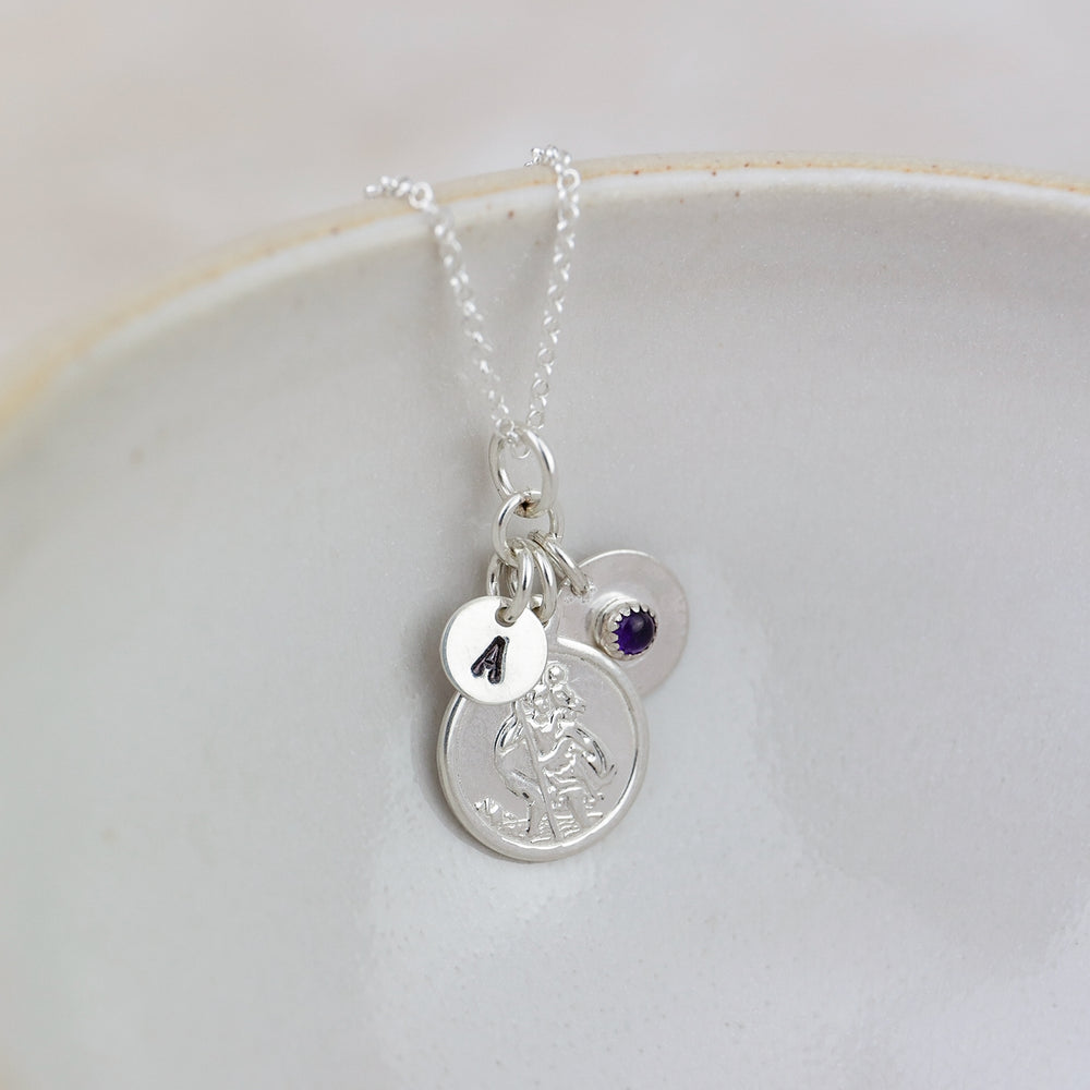 Sterling Silver St Christopher Necklace with Birthstones