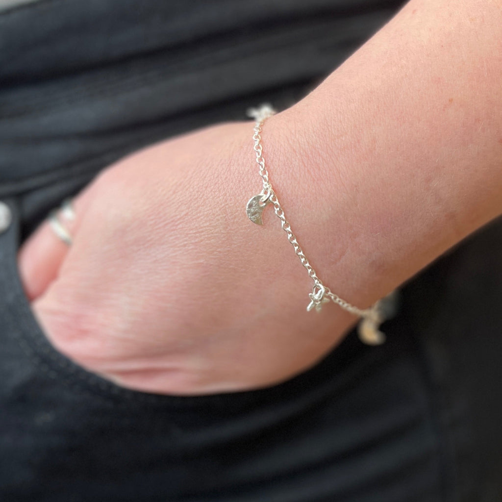 Sterling silver textured moon and star bracelet