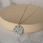 sterling silver large textured circle pendant by Lucy Kemp Jewellery
