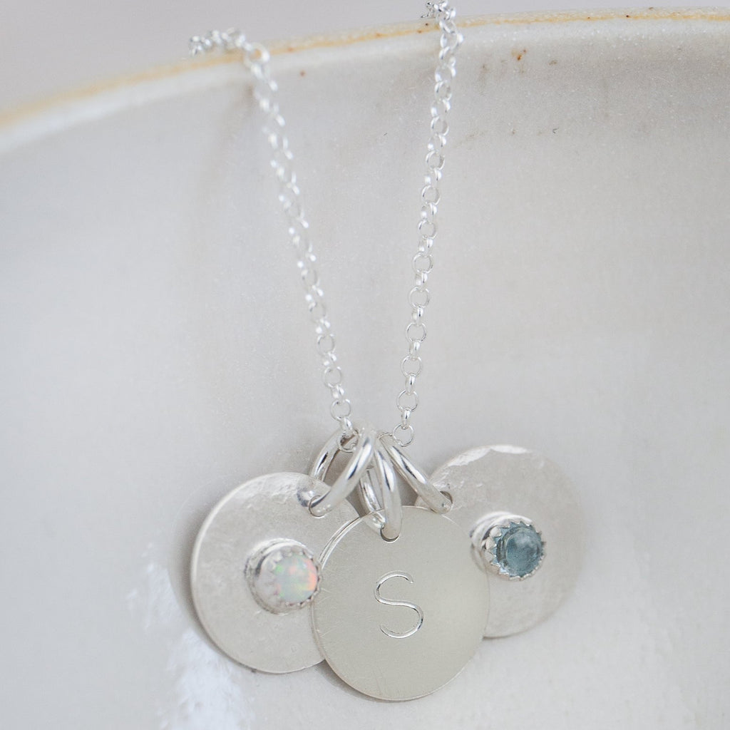 Sterling silver personalised birthstone pendant by Lucy Kemp Jewellery
