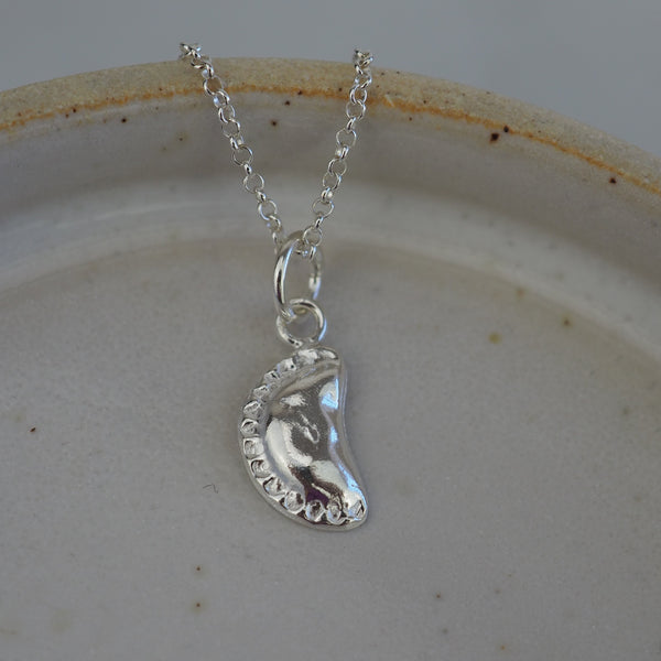 Sterling silver Cornish pasty pendant handmade by Lucy Kemp Jewellery 