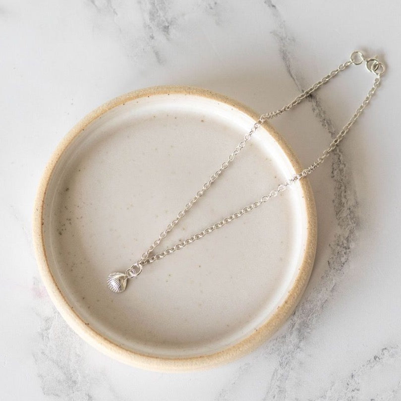 sterling silver Cornish shell charm anklet handmade by Lucy Kemp Jewellery