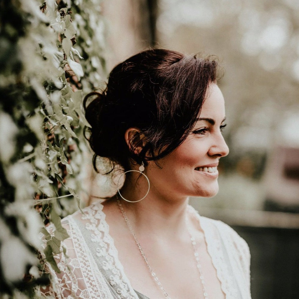 sterling silver and rose quartz gemstone dot hoop earrings handmade by Lucy Kemp Jewellery