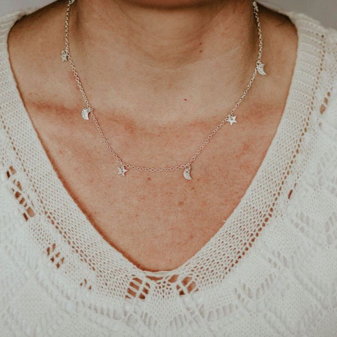 sterling silver short car and moon charm necklace