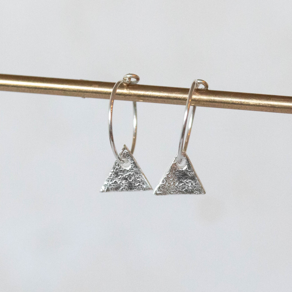 handmade sterling silver textured triangle charm hoops