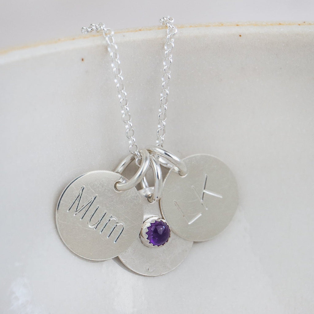 Sterling silver personalised birthstone pendant by Lucy Kemp Jewellery