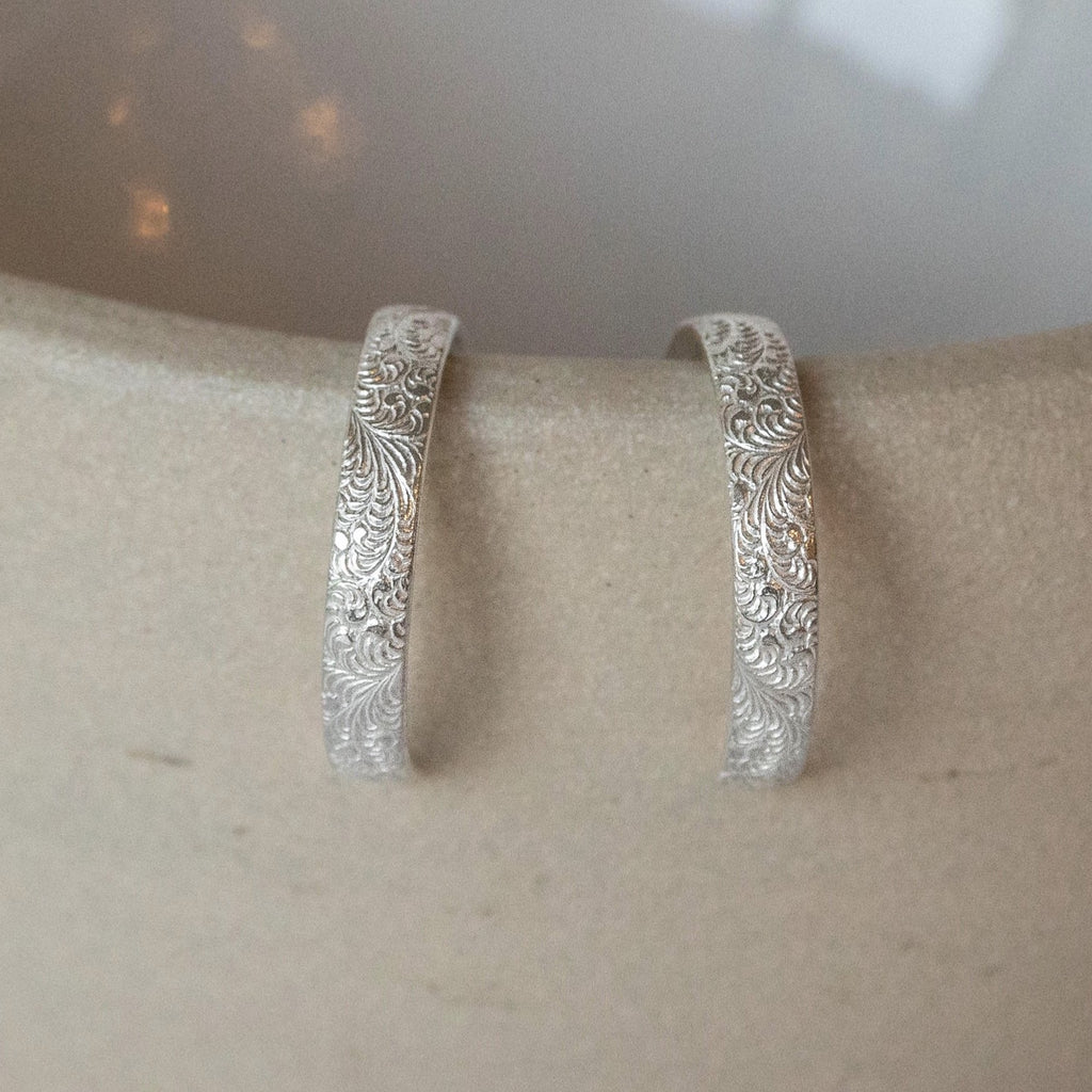 Recycled sterling silver lace everyday hoops by Lucy Kemp Jewellery
