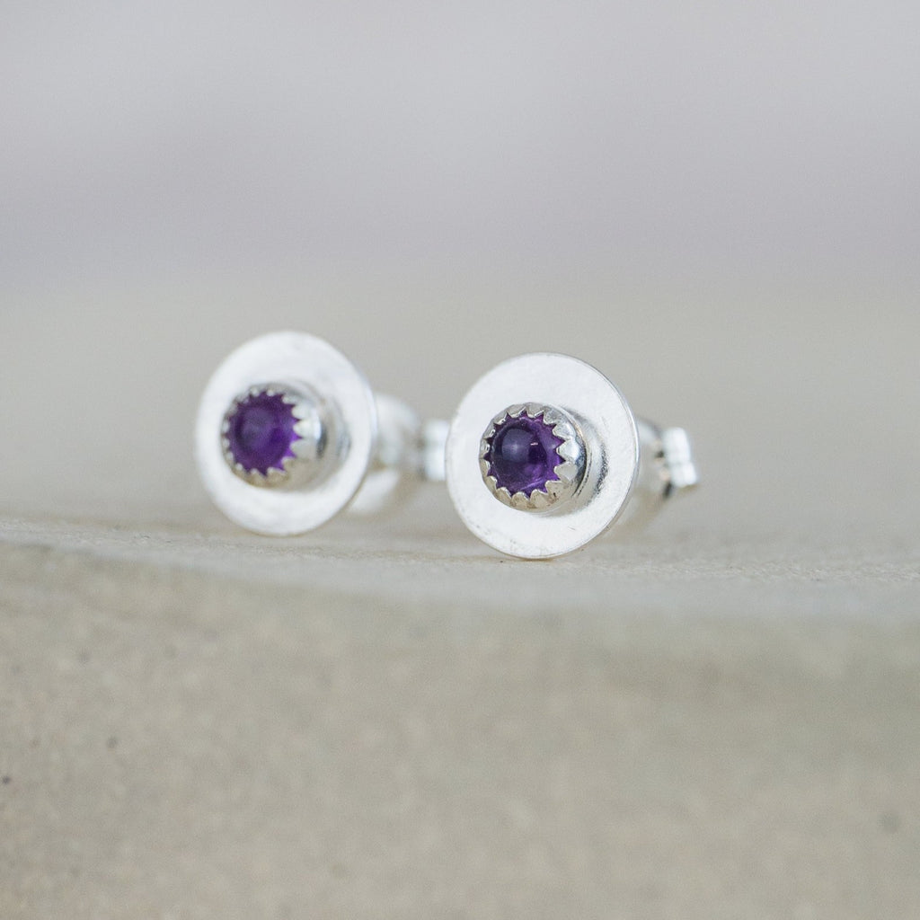 Amethyst and sterling silver birthstone small disc studs by Lucy Kemp Jewellery