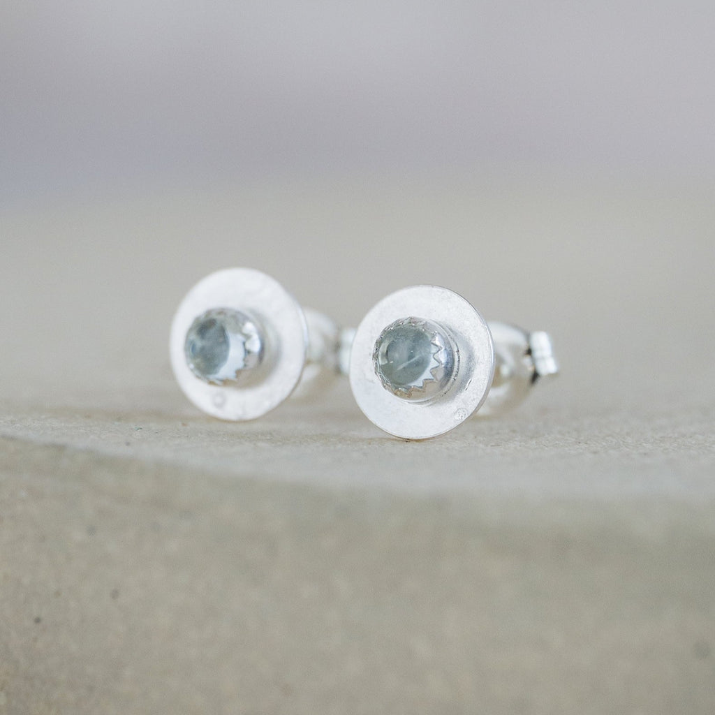 Aquamarine and sterling silver birthstone small disc studs by Lucy Kemp Jewellery
