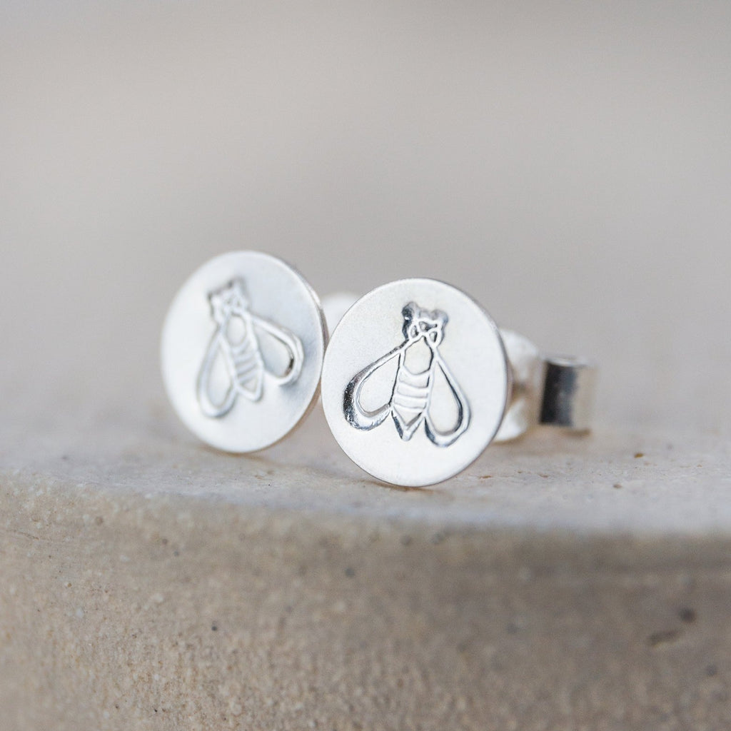 sterling silver and stamped bee studs handmade by Lucy Kemp Jewellery 