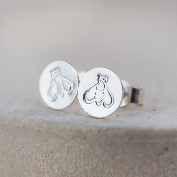 sterling silver and stamped bee studs handmade by Lucy Kemp Jewellery 
