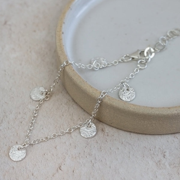 sterling silver textured circle charm bracelet