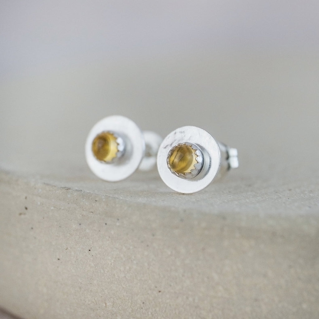 Citrine and sterling silver birthstone small disc studs by Lucy Kemp Jewellery