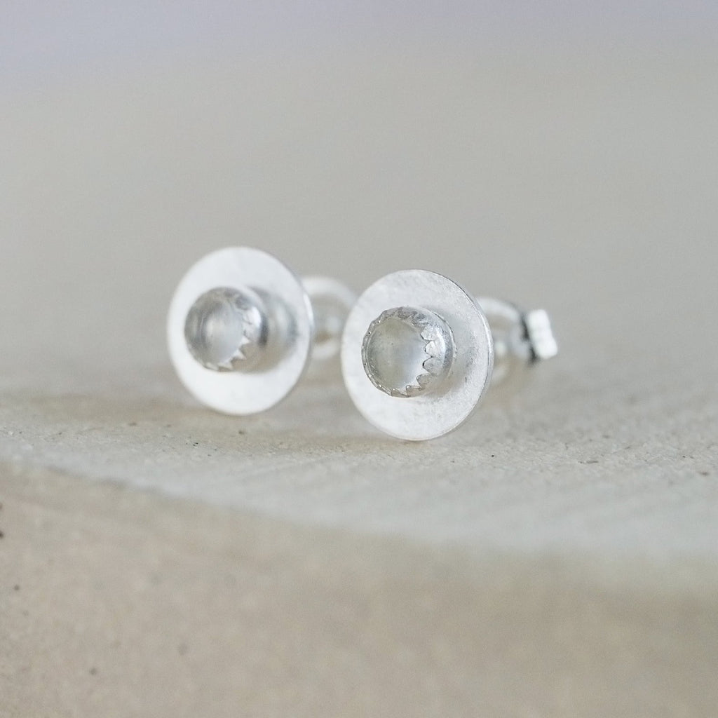 Crystal Quartz and sterling silver birthstone small disc studs by Lucy Kemp Jewellery