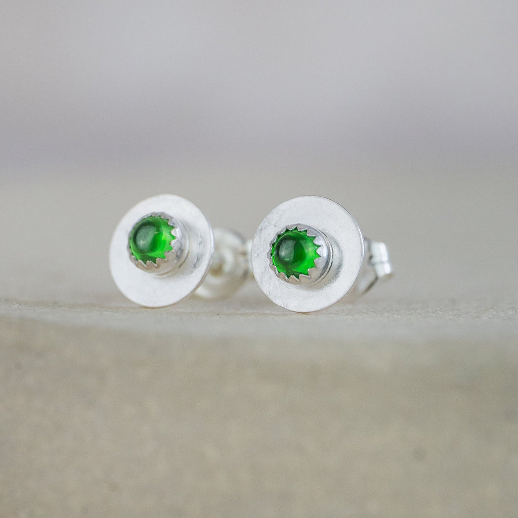 Emerald CZ (SYN)  and sterling silver birthstone small disc studs by Lucy Kemp Jewellery