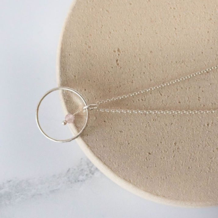 sterling silver and rose quartz celestial pendant by Lucy Kemp Jewellery