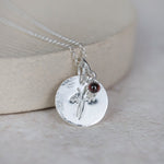 sterling silver hand stamped birth month flower with semi precious birthstone cluster pendant  handmade by Lucy Kemp Jewellery - January snowdrop garnet image