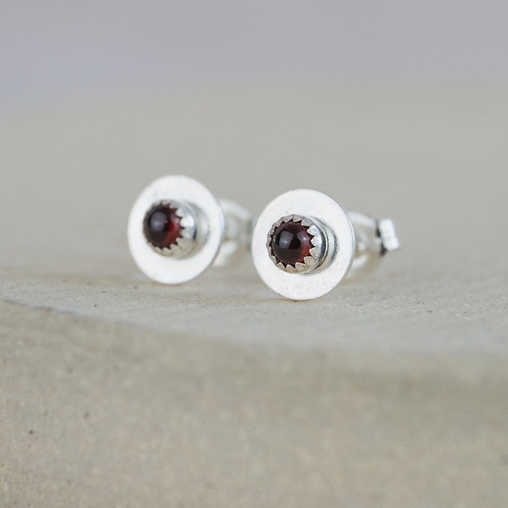 Garnet  and sterling silver birthstone small disc studs by Lucy Kemp Jewellery