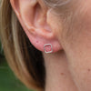 sterling silver mini geo square studs worn, handmade by Lucy Kemp Jewellery 