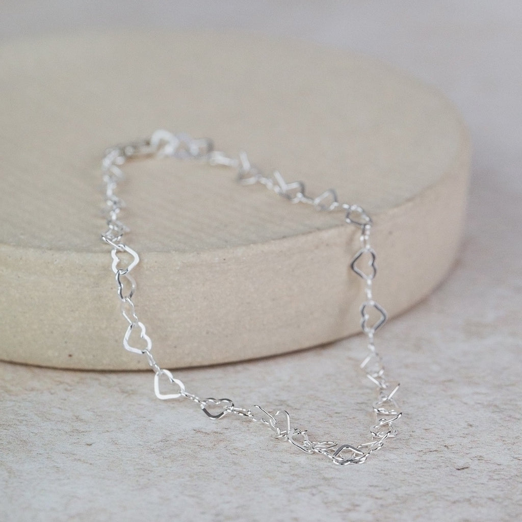 sterling silver mini heart chain link bracelet handmade by Lucy Kemp Jewellery