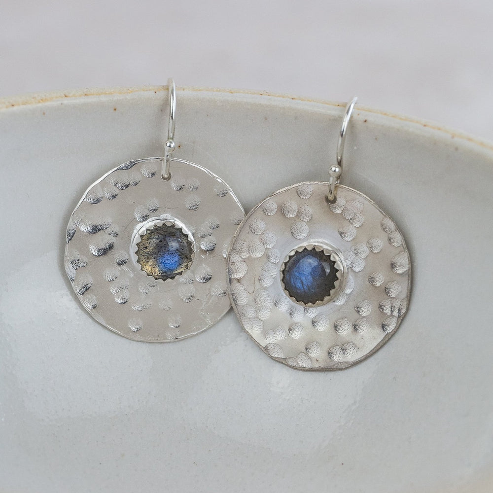 sterling silver and labradorite shield earrings by Lucy Kemp Jewellery 