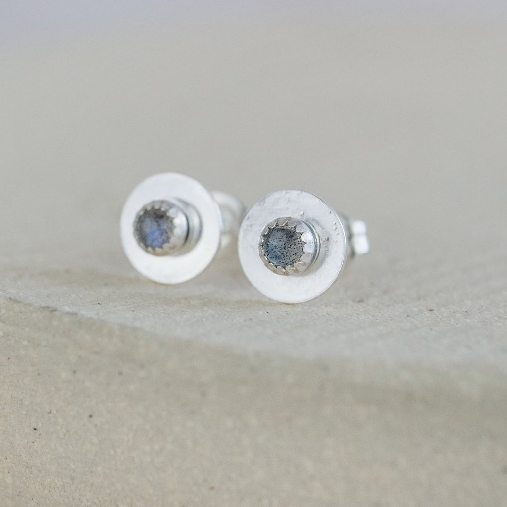 Labradorite and sterling silver birthstone small disc studs by Lucy Kemp Jewellery