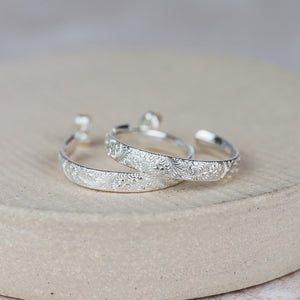 
                  
                    handmade recycled sterling silver large lace everyday hoops handmade by Lucy Kemp Jewellery
                  
                