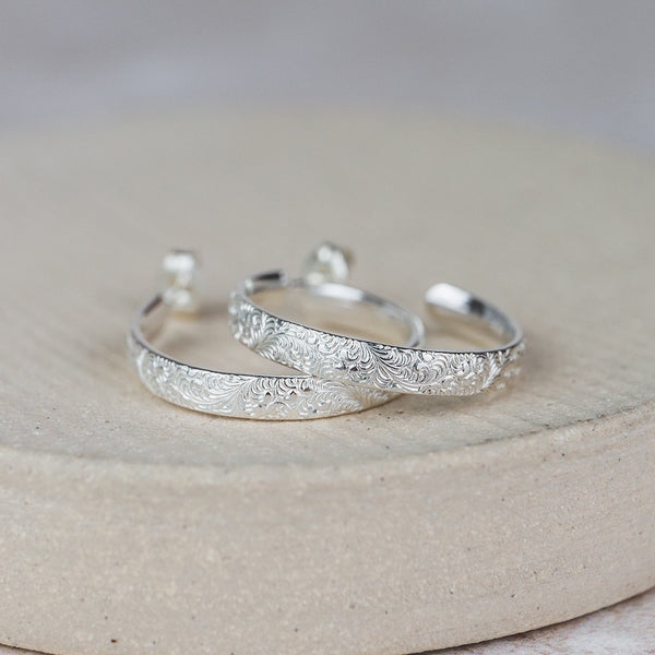 handmade recycled sterling silver large lace everyday hoops handmade by Lucy Kemp Jewellery