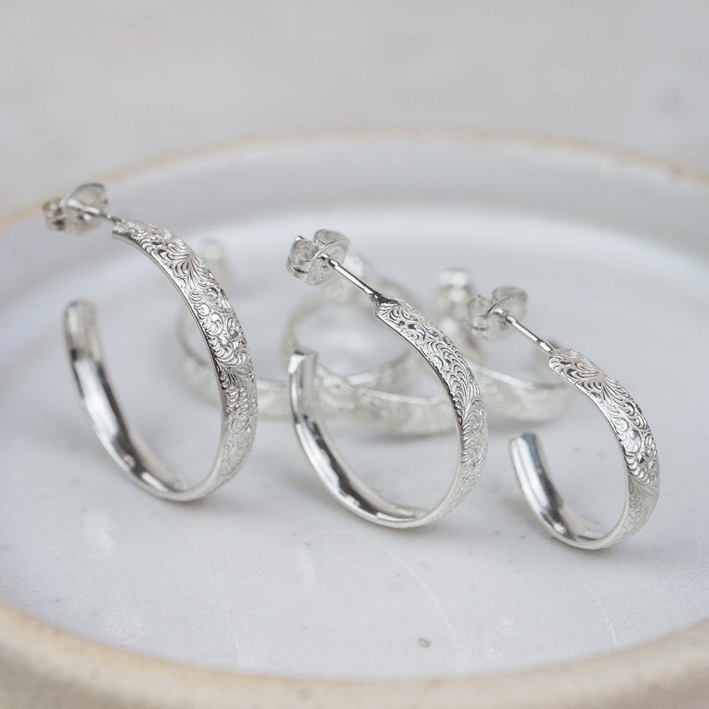 handmade recycled sterling silver large lace everyday hoops handmade by Lucy Kemp Jewellery - comparison with lace everyday hoops 3 sizes, mini, normal and large