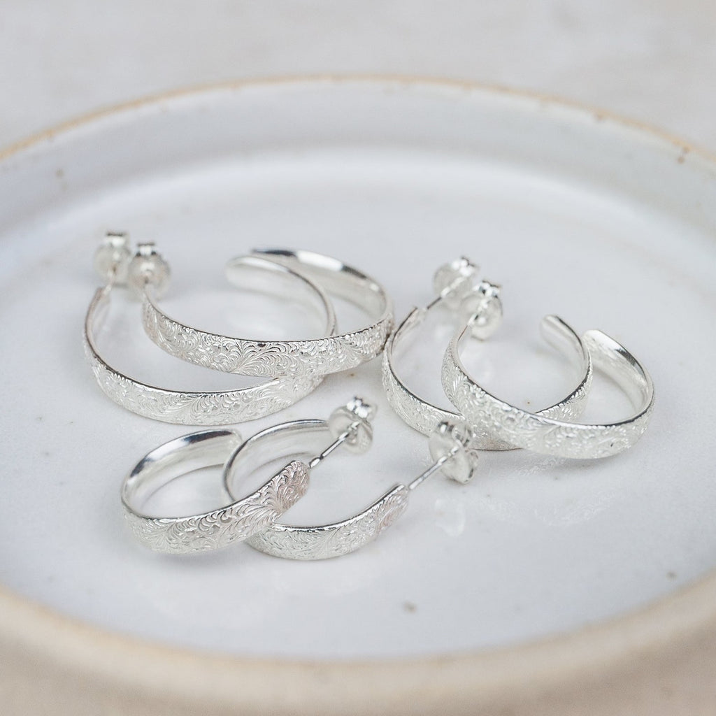 handmade recycled sterling silver large lace everyday hoops handmade by Lucy Kemp Jewellery - comparison with lace everyday hoops 3 sizes, mini, normal and large