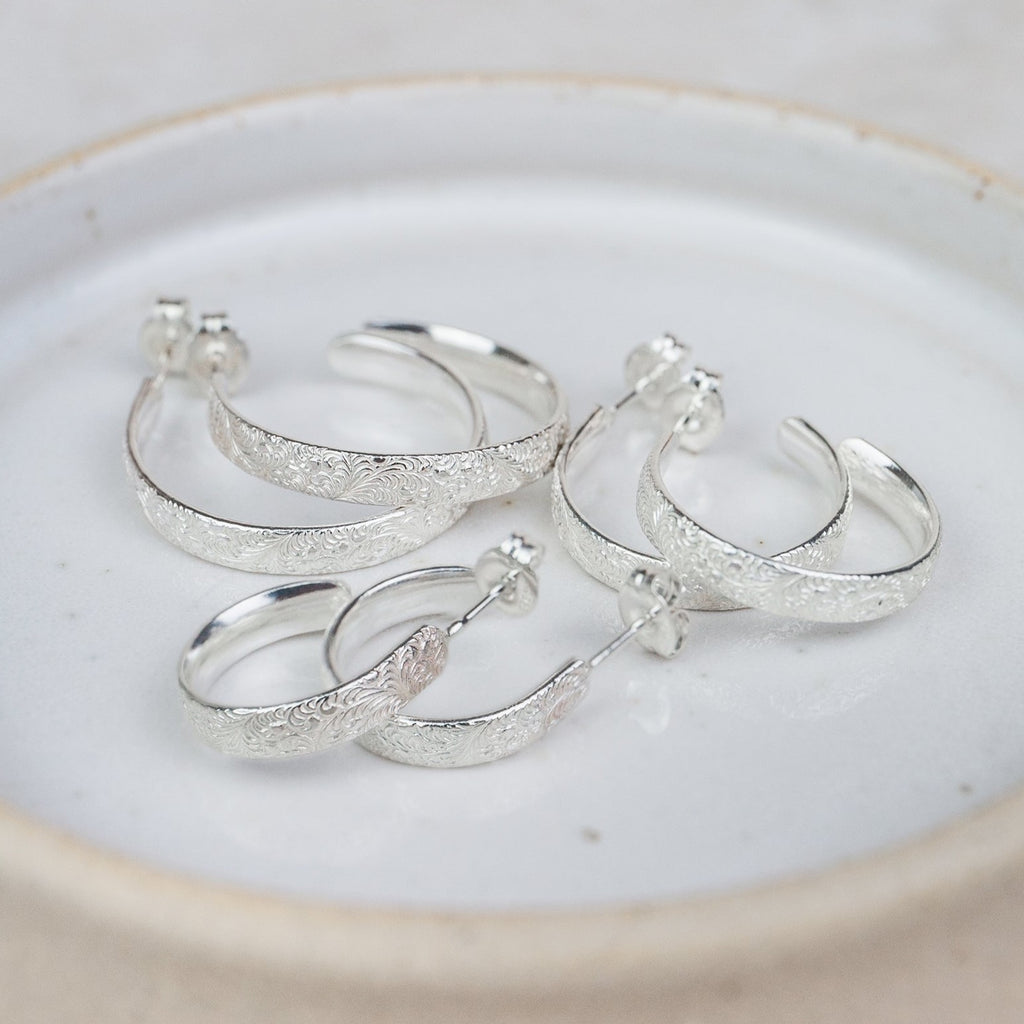 handmade recycled sterling silver large lace everyday hoops handmade by Lucy Kemp Jewellery - comparison with lace everyday hoops 3 sizes, mini, normal and large