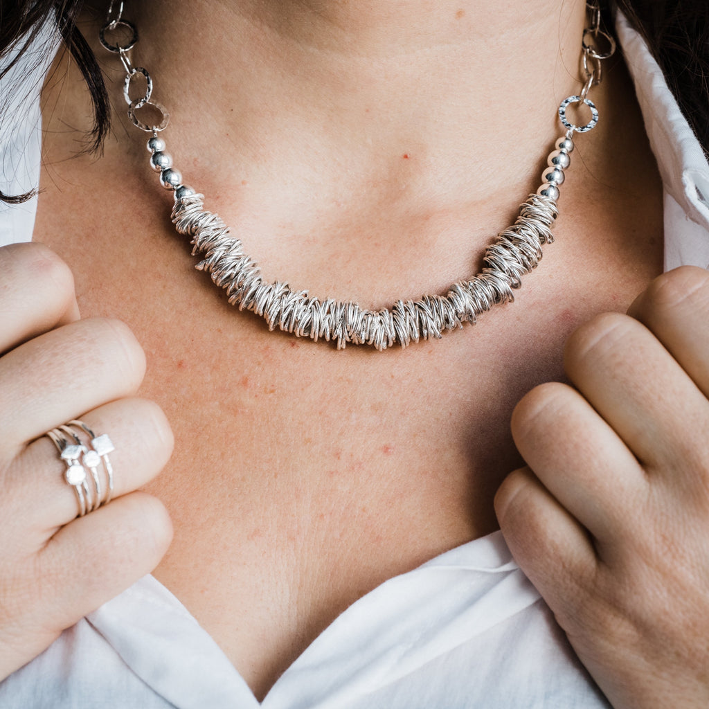 recycled sterling silver large nugget necklace worn, handmade by Lucy Kemp Jewellery 