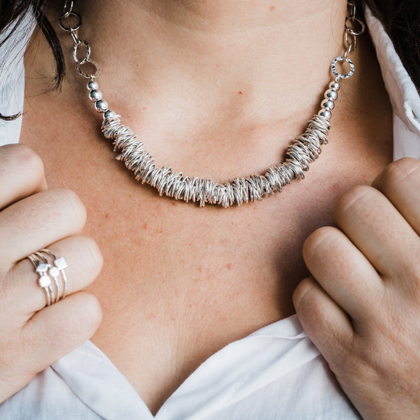 recycled sterling silver large nugget necklace worn, handmade by Lucy Kemp Jewellery 