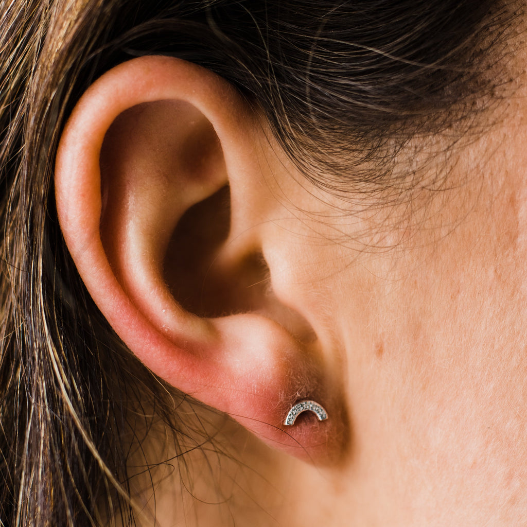 Sterling Silver Mini Rainbow Studs worn