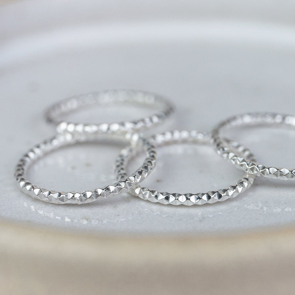 sterling silver textured thin stacking ring handmade by Lucy Kemp Jewellery -group shot