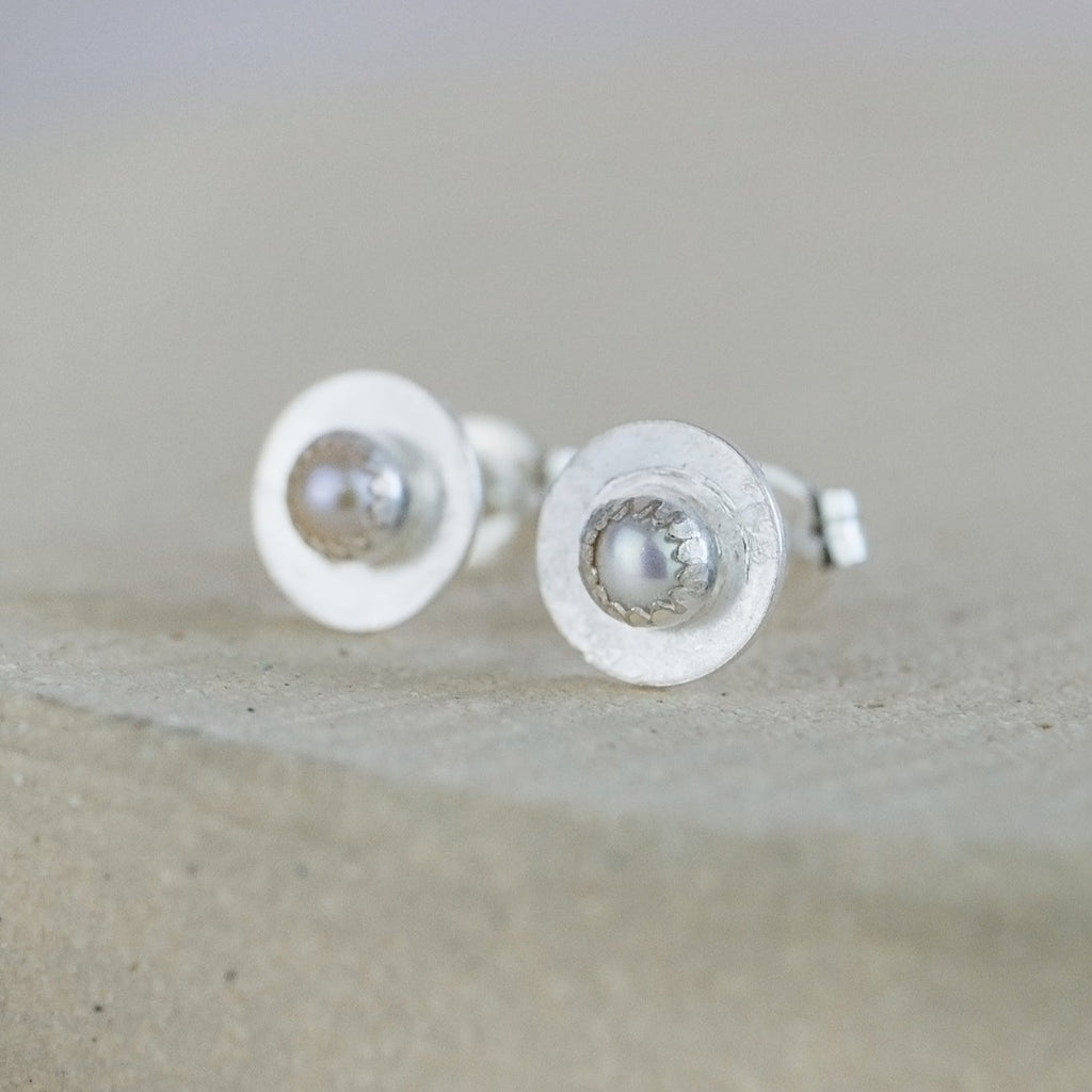 Pearl and sterling silver birthstone small disc studs by Lucy Kemp Jewellery