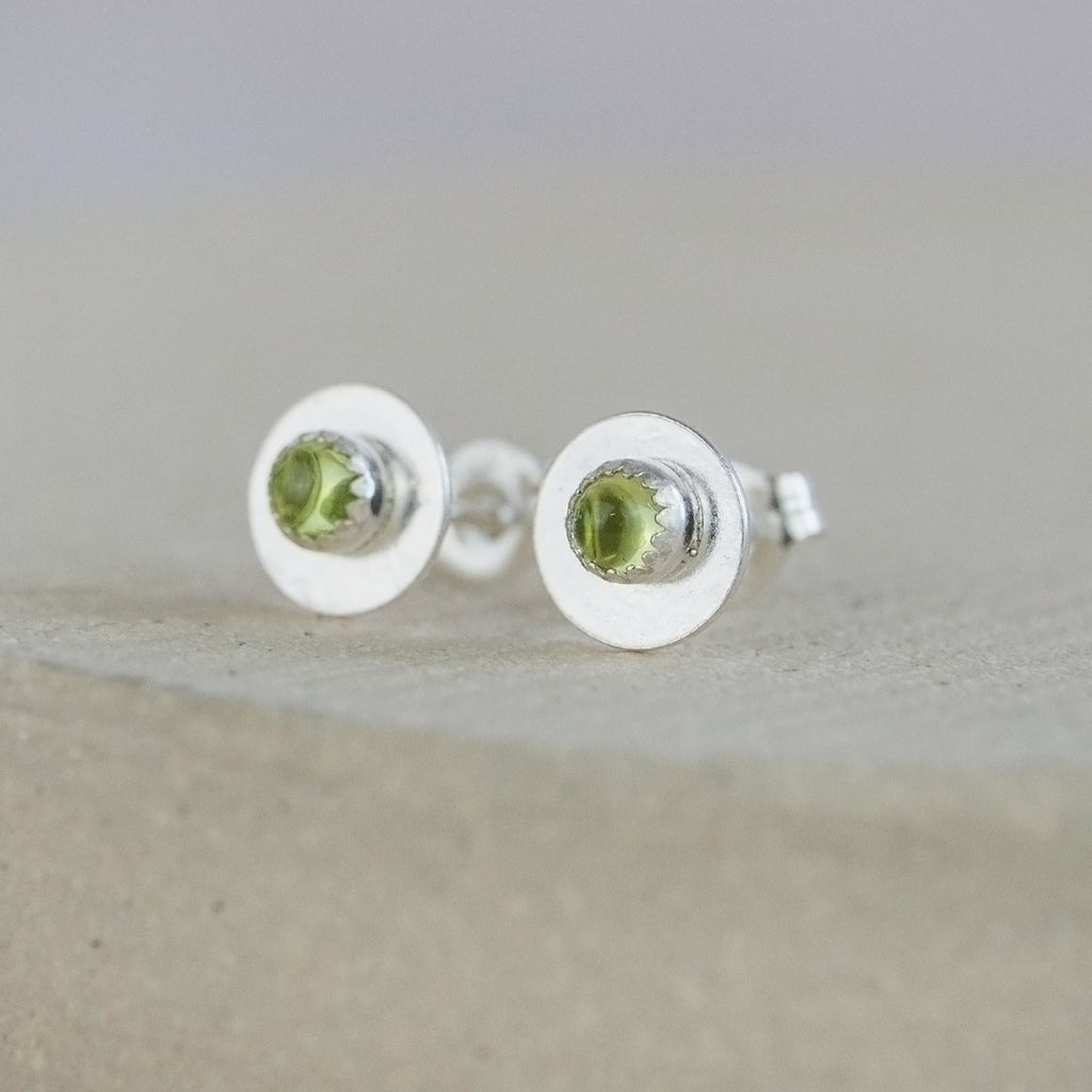 Peridot and sterling silver birthstone small disc studs by Lucy Kemp Jewellery
