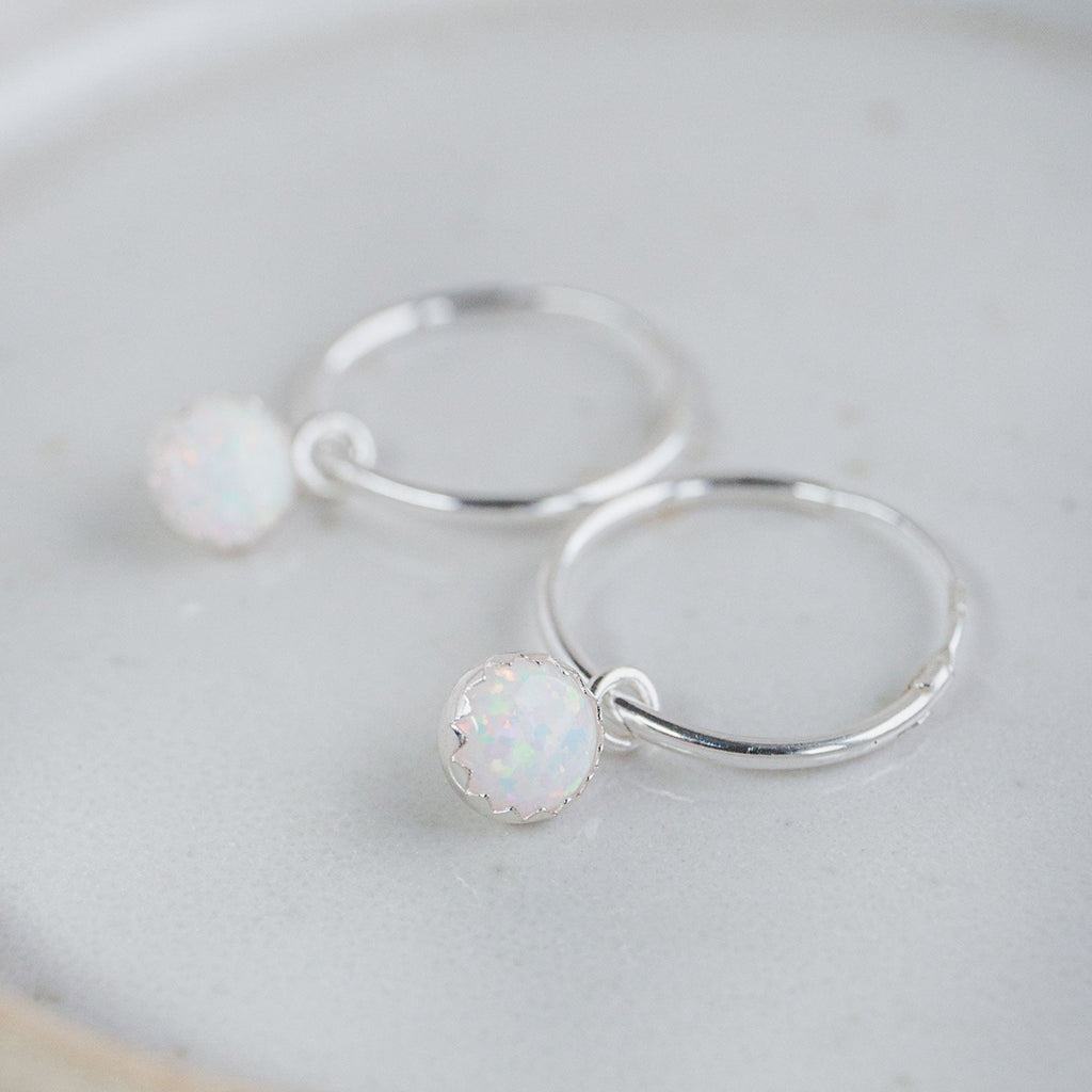 sterling silver opal sleeper hoops handmade by Lucy Kemp Jewellery 