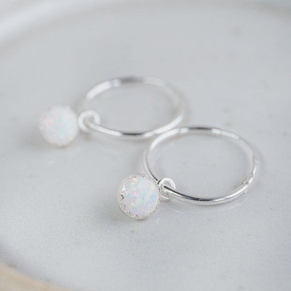sterling silver opal sleeper hoops handmade by Lucy Kemp Jewellery 